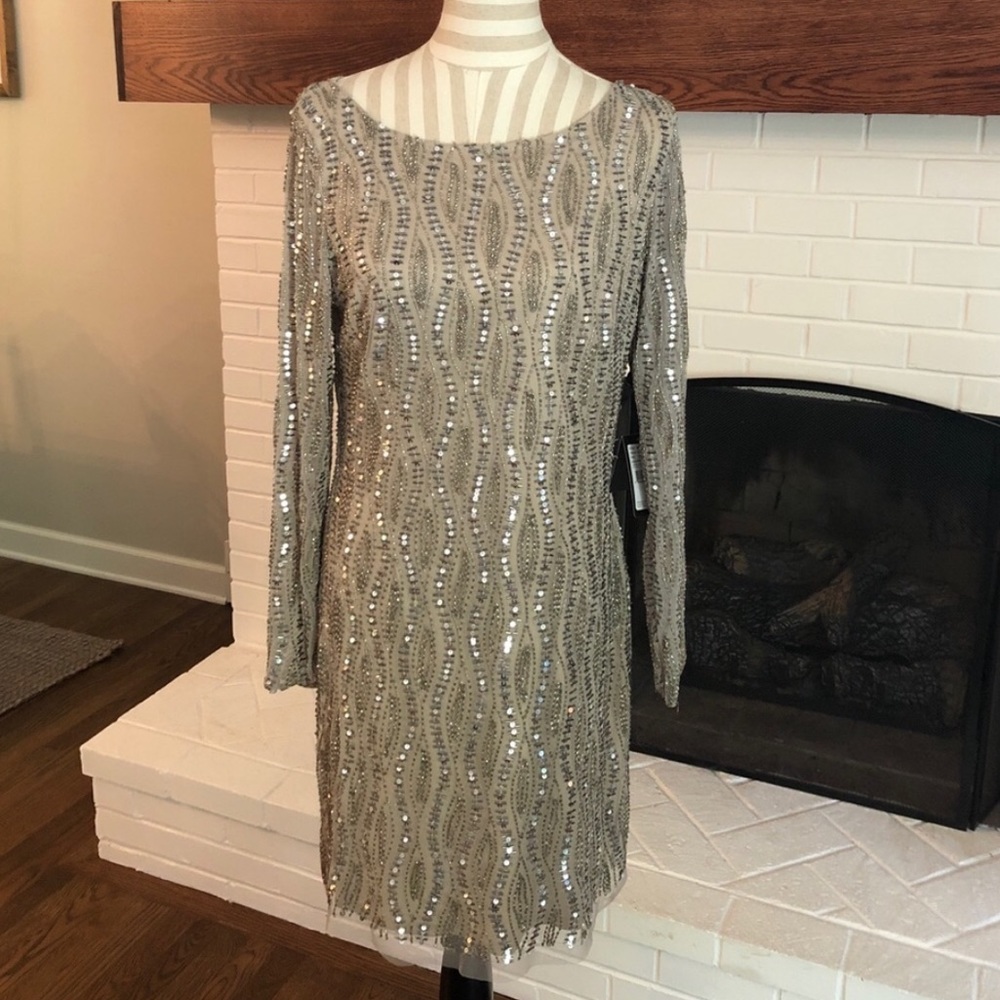 Adrianna Papell beaded cocktail dress, silver/nude